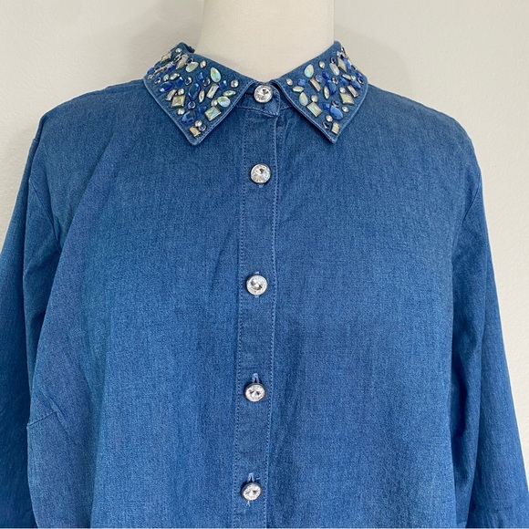 New Vintage Quaker Factory Jeanne Bice Chambray Jewel Button Down Shirt Size 1X - Picture 5 of 16